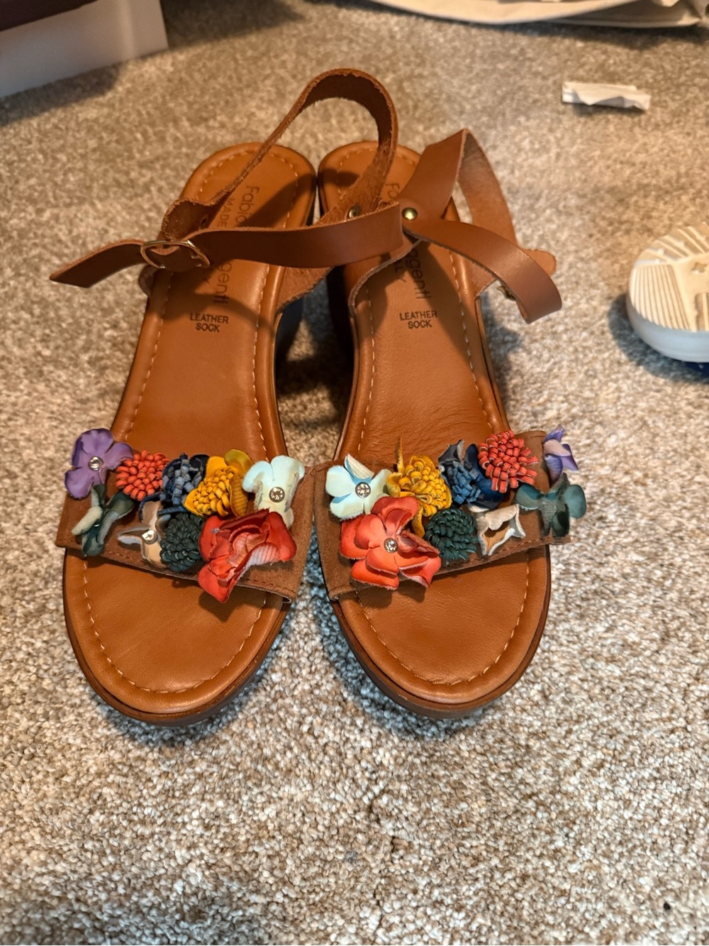 Brown Floral Leather Sandals with Colorful Embellishments